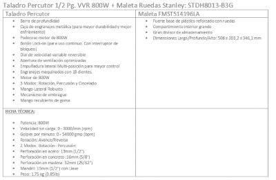 Taladro percutor 1/2 800W + Maleta STANLEY STDH8013-B3G