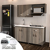 Cocina Integral Ambar 150X55 Cm Incluye Muebles Mitte Con Platero, Mesn Eco Perla Con Lavaplatos Integrado Y Estufa 4 Puestos A Gas - Instalable En Ambas Direcciones