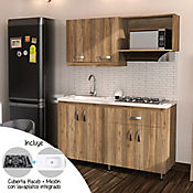 Cocina Integral Ambar 150X55 Cm Incluye Muebles Gracia Con Platero, Mesn Eco Perla Con Lavaplatos Integrado Y Estufa 4 Puestos A Gas - Instalable En Ambas Direcciones