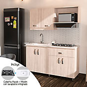 Cocina Integral Ambar 150X55 Cm Incluye Muebles Soder Con Platero, Mesn Eco Perla Con Lavaplatos Integrado Y Estufa 4 Puestos A Gas - Instalable En Ambas Direcciones