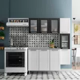 Cocina Integral Multipla 2.10 Metros Blanco - Negro Incluye Mesón Izquierdo En Acero Inoxidable