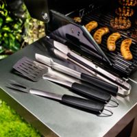 Set Parrillero De 3 Piezas Espátula + Pinzas + Tenedor Acero Inoxidable Negro