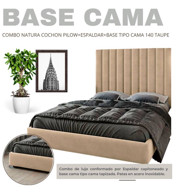 Combo Colchón Doble 1 Pillow + Espaldar + Base Cama + Puff Baúl