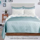 Quilt Unicolor Azul + Juego Sábana 132 Hilos Extradoble Diseño Surtido