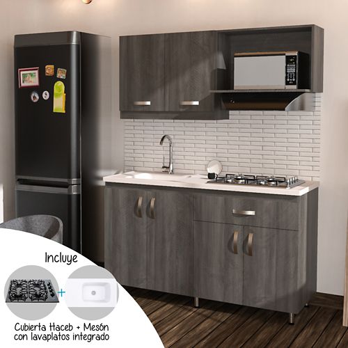 Cocina Integral Ambar 150X55 Cm Incluye Muebles Carbono Con Platero, Mesón Eco Perla Con Lavaplatos Integrado Y Estufa 4 Puestos A Gas - Instalable En Ambas Direcciones - Firplak