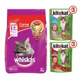 Alimento Seco Para Gato Whiskas 3kg + Kitekat Alimento Húmedo Carne Y Pollo 6 Sobres 85g