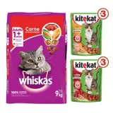 Alimento Seco Para Gato Whiskas 9kg + Kitekat Alimento Húmedo Carne Y Pollo 6 Sobres 85g