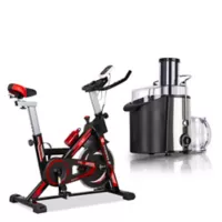 Combo Bicicleta Spinning Con Monitor Capacidad 100 Kg Color Negro/Rojo + Extractor De Jugos