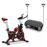 Combo Bicicleta Spinning Con Monitor Capacidad 100 Kg Color Negro/Rojo + Plataforma Vibratoria