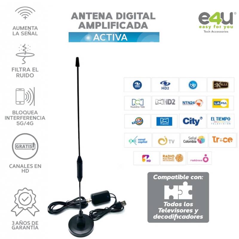 Antena Tdt Interior Y Ext. Tv Digital 5 Metros