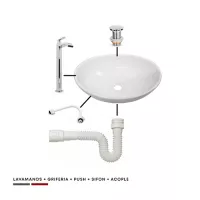 Combo Lavamanos Ovalado +Griferia Agua Fria Cascada Cromo + Push + Sifon Flexible+Acople