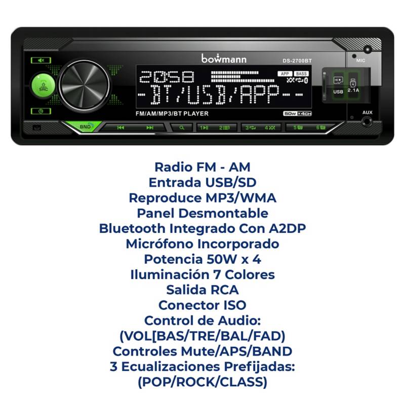 Autoradio bluetooth USBx2 FM panel desmontable 7 colores Bowmann