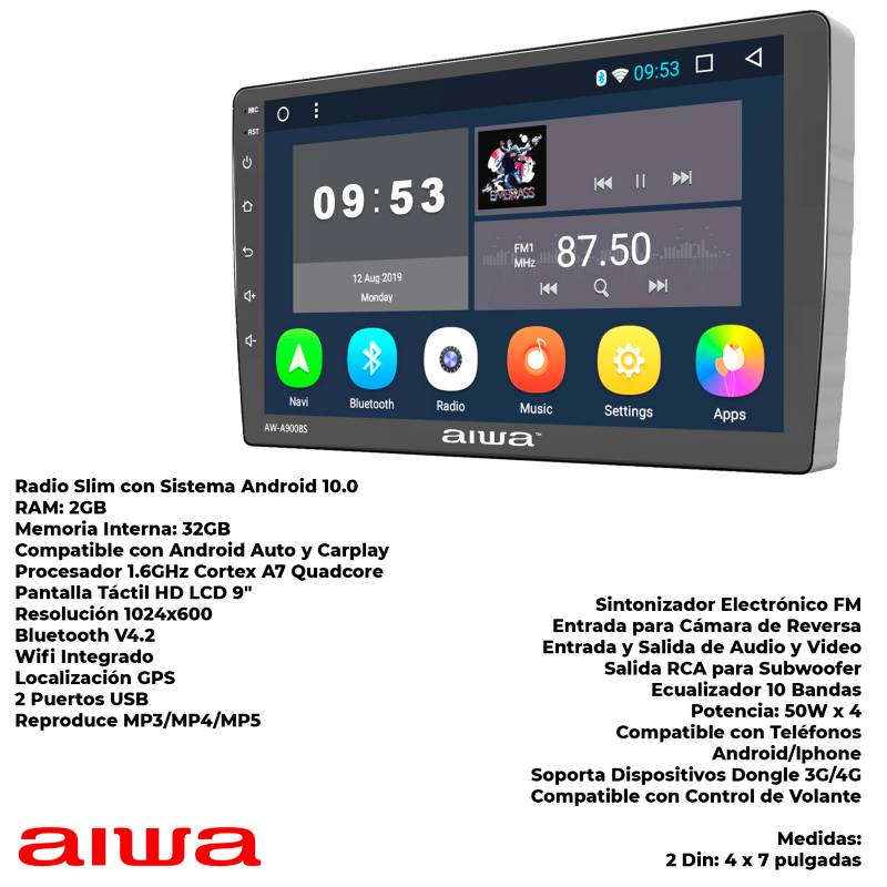 Radio Carro Android 10 Pantalla 9' Wifi 32 Gb - 2Gb AIWA
