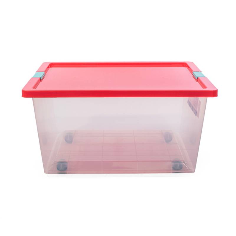 Caja organizadora de plástico con tapa, broches y ruedas 55 L