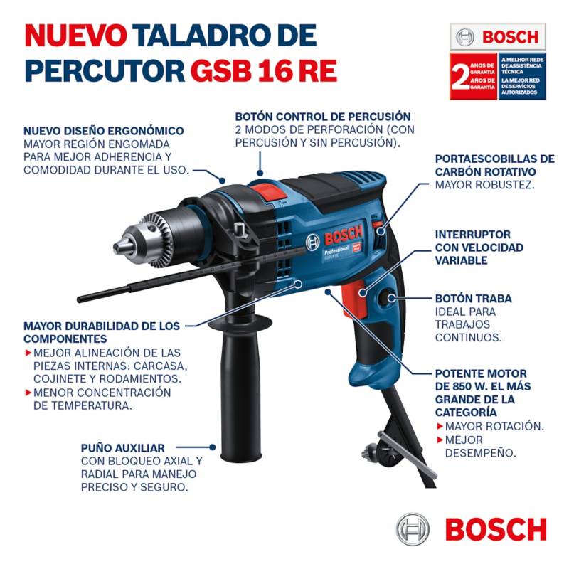 Taladro Percutor 1/2pulg 850w Gsb-16Re Maletin Bosch BOSCH