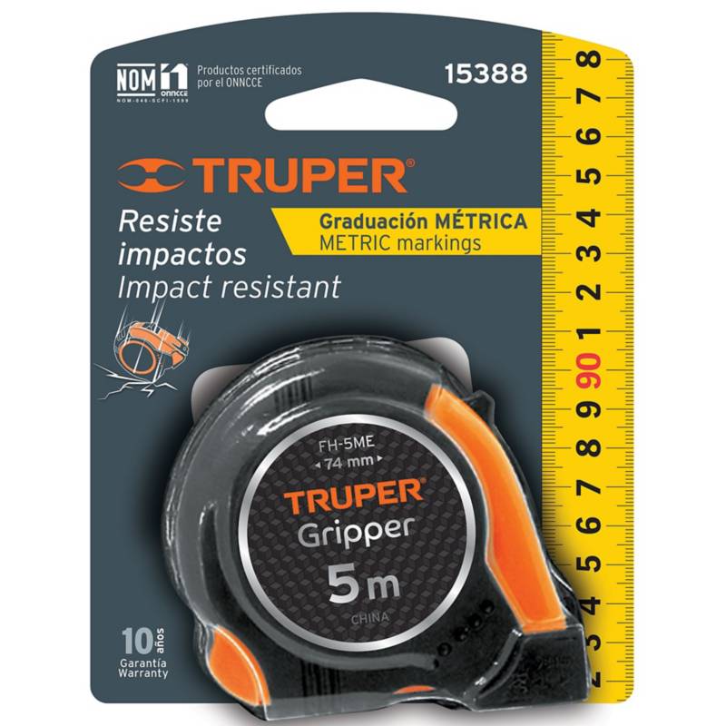 Flexómetro Gripper de 5 Metros Antimpacto Uso Profesional 15388 Truper  TRUPER
