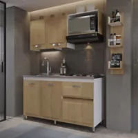 Cocina Integral Akita 1.50 Metros Rovere Blanco Incluye Mesón Socoda con Poceta Derecha en Acero Inoxidable