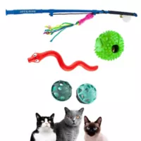 Kit 4 Juguetes para Gatos Caña Pelotas y Dispensador